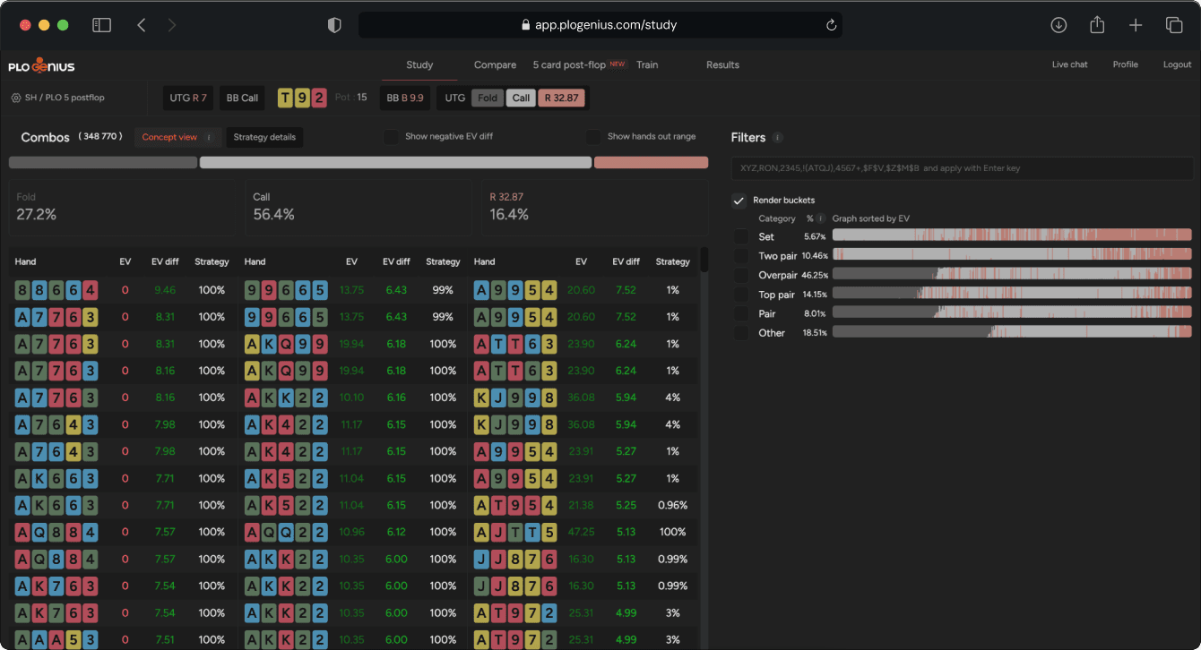 Postflop solver. Hand breakdown with equity visualizations showing how a hand performs against opponent ranges on a specific board.