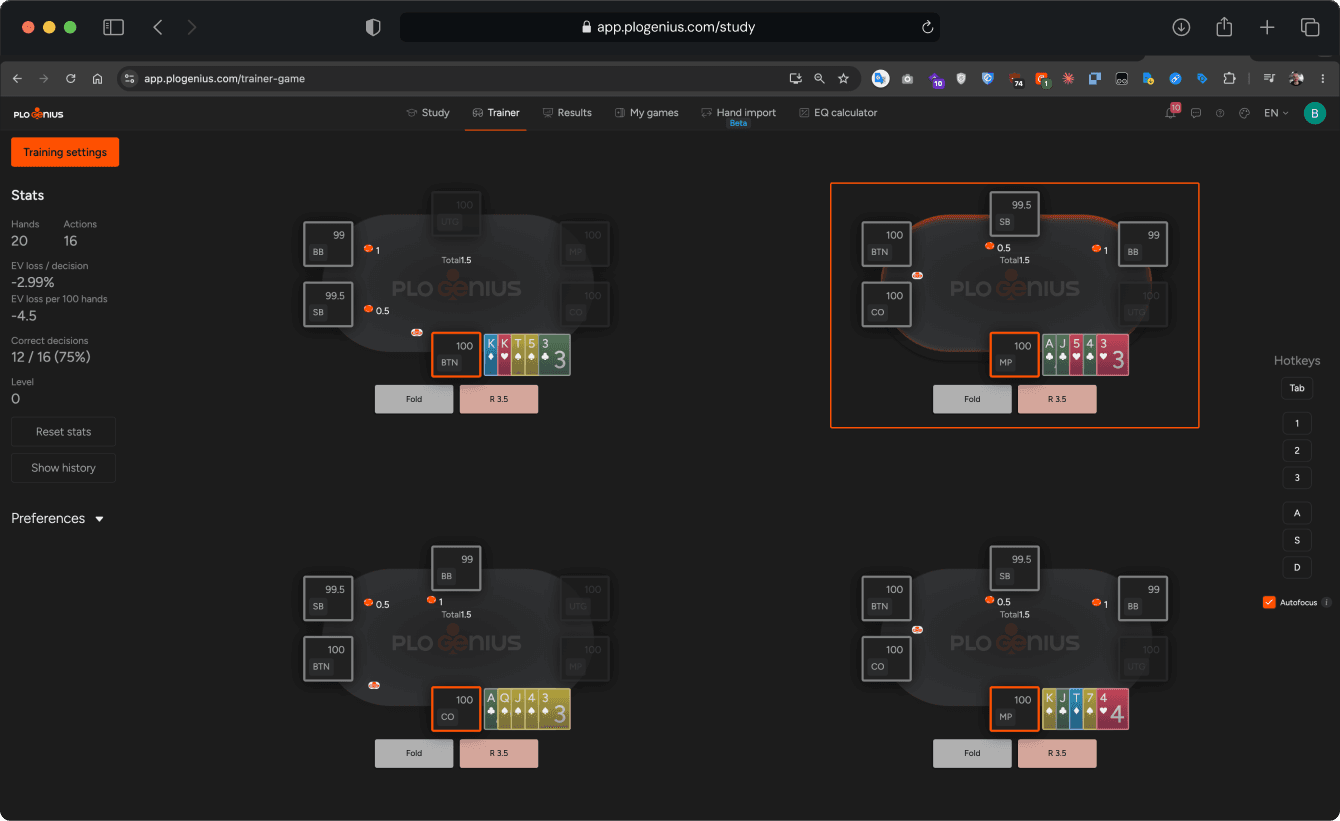 GTO Trainer. Up to 4 tables simultaneously, designed to feel like a real session. Players practice strategy and track accuracy without custom bets, keeping focus on learning correct play.